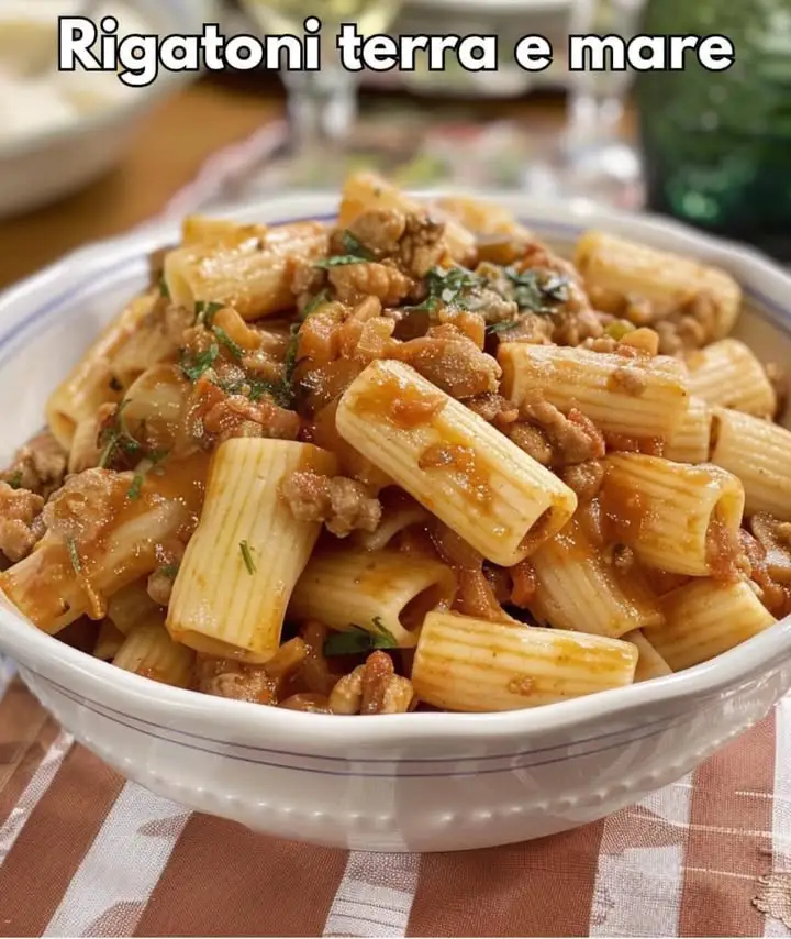 Pasta con gamberi e salsiccia
