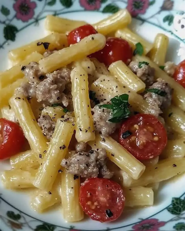 Pasta salsiccia funghi pomodorini