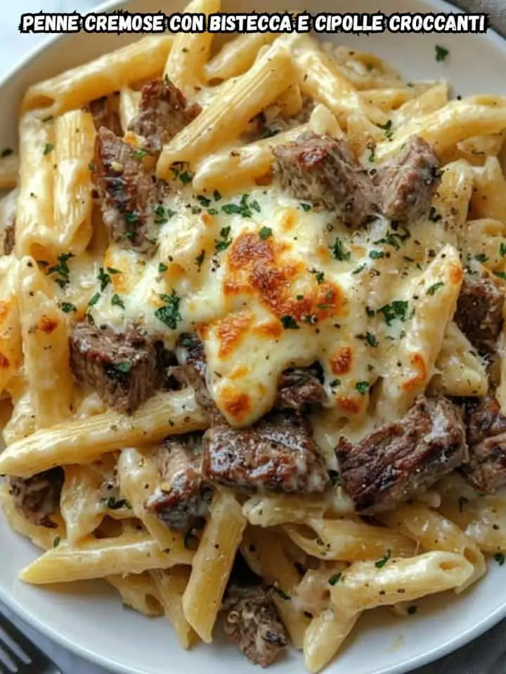 Penne con bistecca e cipolle