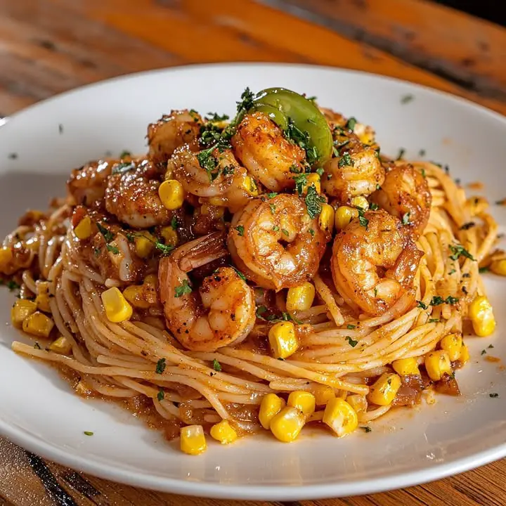Spaghetti con gamberi e mais