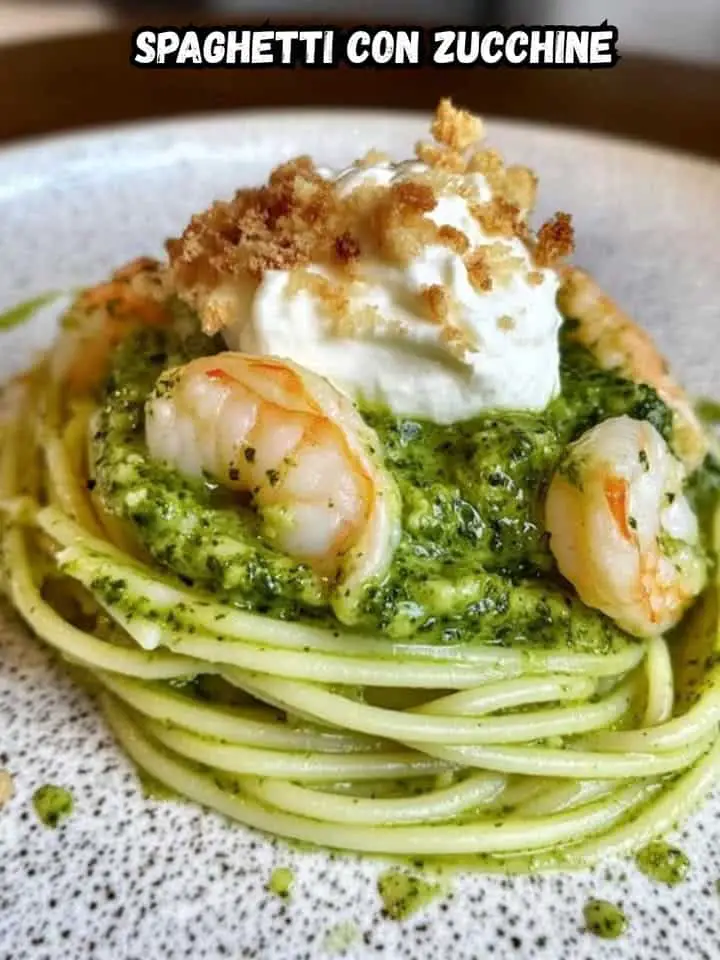 Spaghetti zucchine gamberi stracciatella
